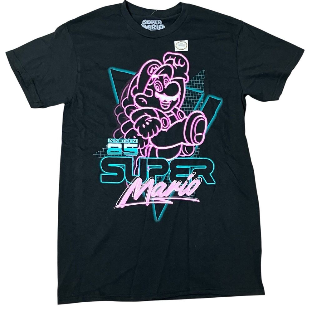 Super Mario‎ T-Shirt Mens Black 1985 Neon Retro Nintendo Party Video Gamer Sz S
